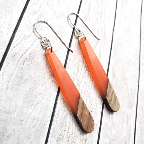 Peach Wood & Resin Teardrop Sterling Silver Earrings